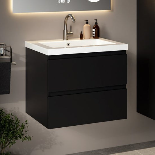 Mirlux Meuble de salle de bains Mat Noir 60 cm - Lavabo Blanc - Ensemble de meubles de salle de bains - Meuble lavabo Mat Noir