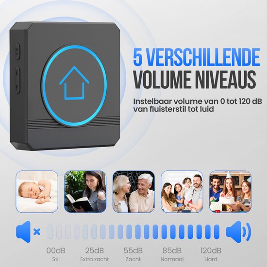 Strex Wireless Doorbell - Récepteur alimenté par le secteur - Portée de 300 m - 60 mélodies - Sans fil - Résistant à l'eau - Noir