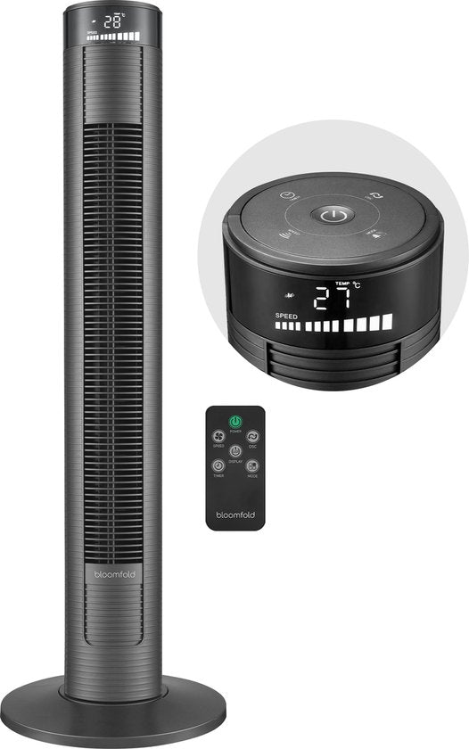 Ventilateur de tour Bloomfold - 38 pouces - Noir - Télécommande - Mode veille - Minuterie 12 heures - Affichage LED complet