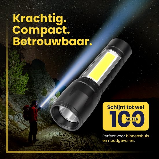 ODESSEY Lampe de poche LED rechargeable - 2-Pack - COB Lighting - avec dragonne - Lampe de poche militaire - Lampes de poche - Enfant - Noir