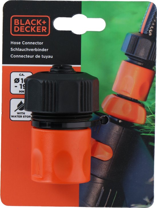 BLACK+DECKER Raccord rapide pour tuyau d'arrosage - avec Water Stop - 5/8'-3/4' - ⌀16-19 mm - Plastique - Noir/Orange