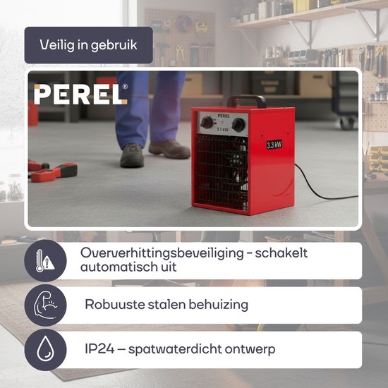 Perel Chauffage électrique à ventilateur 3300W, 2 niveaux de chaleur, thermostat et mode refroidissement, IP24, avec protection contre la surchauffe, chauffage portable compact pour l'atelier, le garage, la salle de loisirs