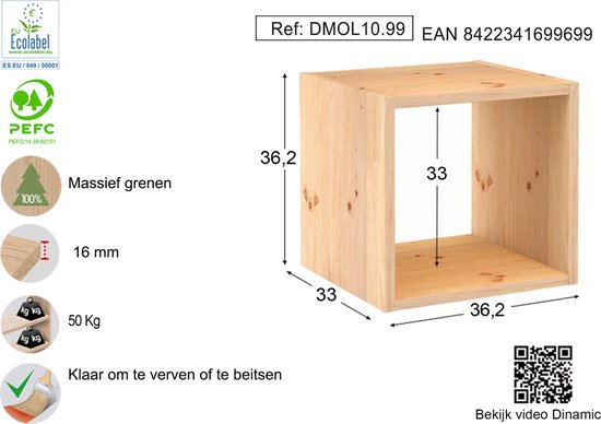 Astigarraga Meuble à compartiments ouvert - Pin PEFC - 36x36cm