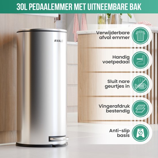 Avalo Pedal Bin Trash 30L - Stainless Steel Silver - Soft Close - Pedal Bin 30 Liter - Trash 30 Liter