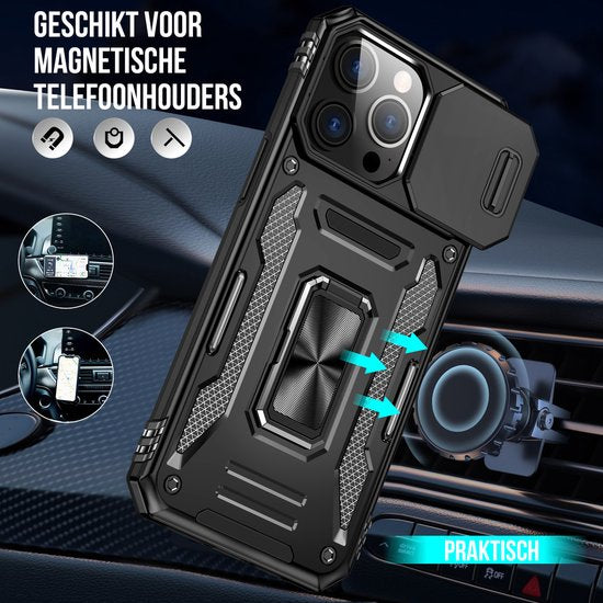 Podec Case suitable for iPhone 15 Pro Black Phone Case - Anti-Shock Case Cover Hybrid Armor Case with Kickstand Ring with Screen Protector