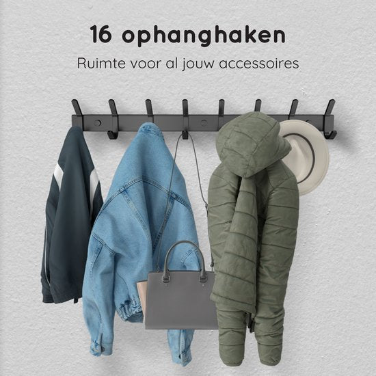 Porte-manteau mural Volcan - 16 crochets - Acier inoxydable - Porte-manteau mural - Industriel - Ruban adhésif 3M - Noir