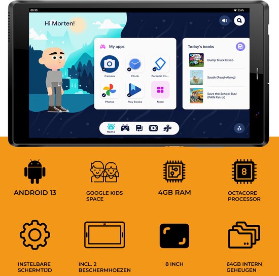 Tablette Denver pour enfant - Android 13 - Contrôle parental - 4GB RAM - 64GB mémoire interne - 8 pouces - . Etui pour tablette bleu et rose - TIO80105K