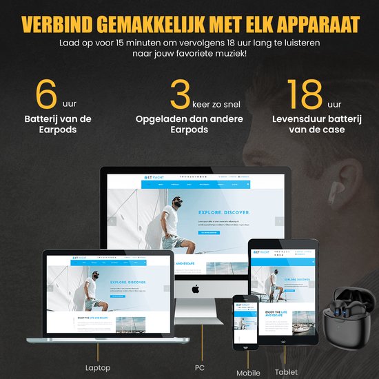 Golden Sound - Ecouteurs sans fil - Bluetooth 5.1 et adaptation universelle - avec étui de chargement et fonctions Smart Touch - pour le sport et les appels mains libres - plastique noir