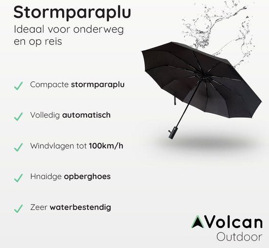 Volcan Storm Umbrella Foldable - Parapluies Storm - Pliable - Ø 110 cm - Coupe-vent jusqu'à 100km p/h - Grand parapluie - Automatique - Noir