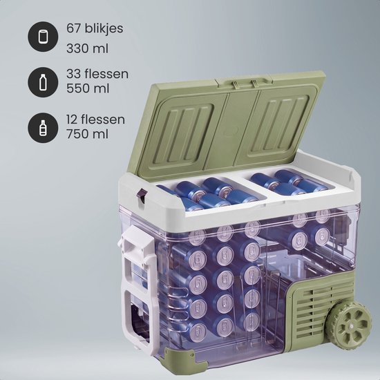 Auronic Electric Cool Box - Compresseur - 2 Zones - 45L - 12/24V et 240V - Réfrigération et congélation - Réfrigérateur de camping - Frigobox Auto - Avec roues et poignée - Vert