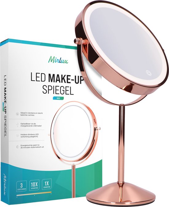 Mirlux Miroir de maquillage avec éclairage LED - lumière grossissante 10x - miroir de rasage petit sur pied - 3 niveaux d'éclairage - rechargeable - miroir grossissant rose or