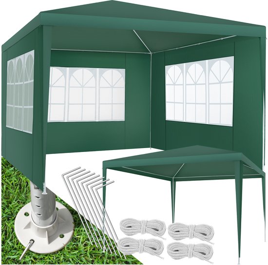 tectake® Pavillon - avec armature renforcée - Tente de réception 3x3 m - Bâche imperméable - Panneaux latéraux amovibles - Pavillon de jardin résistant aux intempéries - Lignes de tension et piquets inclus - Vert - Tente pliante pop-up