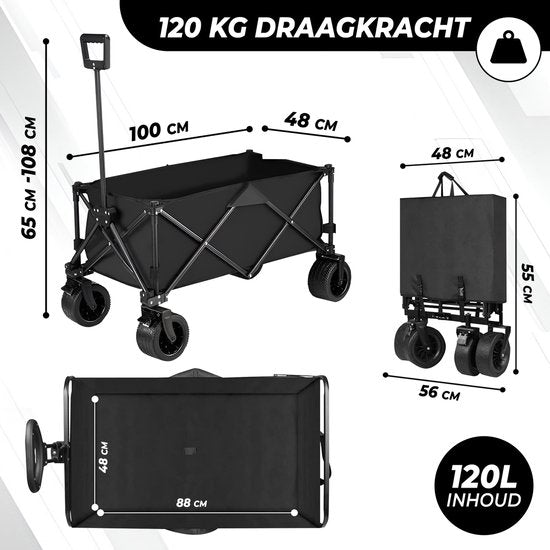 Outbee Bolderkar - Bolderkar pliable - Capacité de 120 litres - Avec blocage des roues - Capacité de charge de 120 kg - Noir