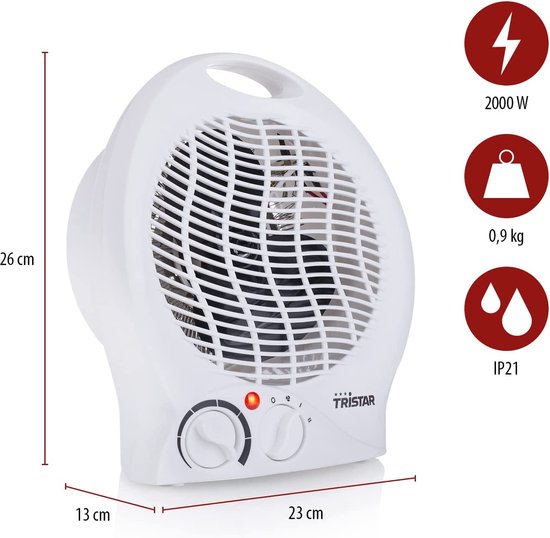 Réchaud électrique Tristar KA-5039 - 2 niveaux de chaleur - Réchaud compact à ventilateur - Réchaud de camping - Plage de chauffage jusqu'à 25 m² - 2000W - Blanc