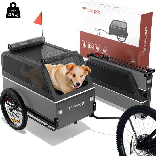TrevoPet® Dog Bike Trailer XL - remorque pliante pour vélo - remorque pour chien avec rampe, système de suspension et résistance aux intempéries - convient aux vélos électriques - 45 kg - gris