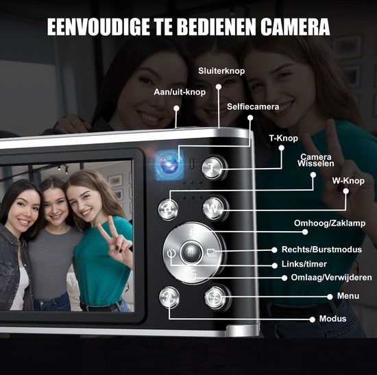 K&L Digital Camera 4K - Appareil photo - Caméra photo - Caméra compacte - Caméra Vlog - Pour les enfants - 64GB inclus - NL Software