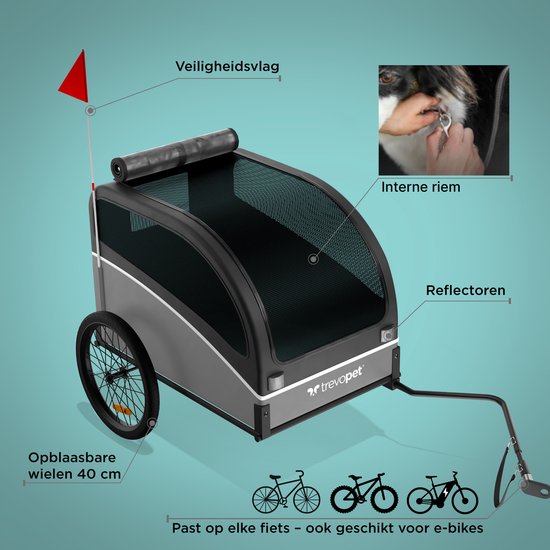 Trevopet® remorque vélo pour chien - remorque vélo pliable pour chien - remorque pour chien - convient aux vélos électriques - jusqu'à 40 kg - pour chiens de taille moyenne et grande - noir