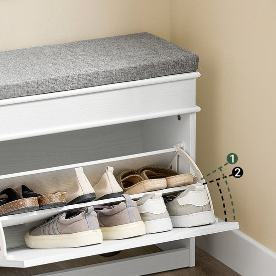 SoBuy FSR82-K-WG Meuble à chaussures banc d'entrée - banc à chaussures avec siège de toilette et coussin de rangement pour chaussures pour hall d'entrée, salon 61 x 24 x 51 cm, capacité 113 kg, blanc effet bois antique