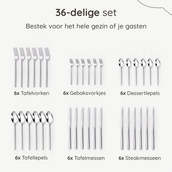 Deleca 6 Person Luxury Stainless Steel Cutlery Set Amor (36 pieces) - Spoons, Knives, Forks, Steak Knives & Pastry Forks - Lave-vaisselle - Silver Design Cutlery - 18/0 Stainless Steel