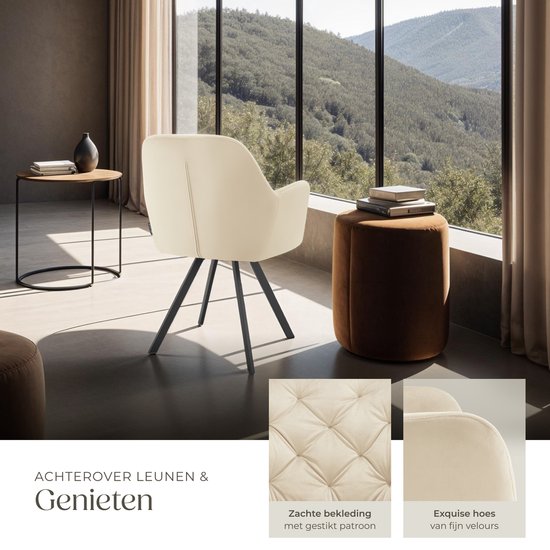 tectake® - Chaise pivotante aspect velours - Chaise de salle à manger avec accoudoirs - Assise et dossier ergonomiques - Pivotant à 180 degrés - Chaise moderne avec pieds en acier - Diverses couleurs - Crème