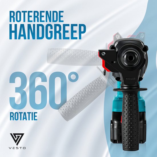 Vesto® Marteau perforateur électrique - Perceuse à percussion sans fil - Marteau perforateur avec fonction burin - Marteau combiné sans fil - Perceuse à béton - Comprend un jeu de perceuses, 2 batteries et un chargeur