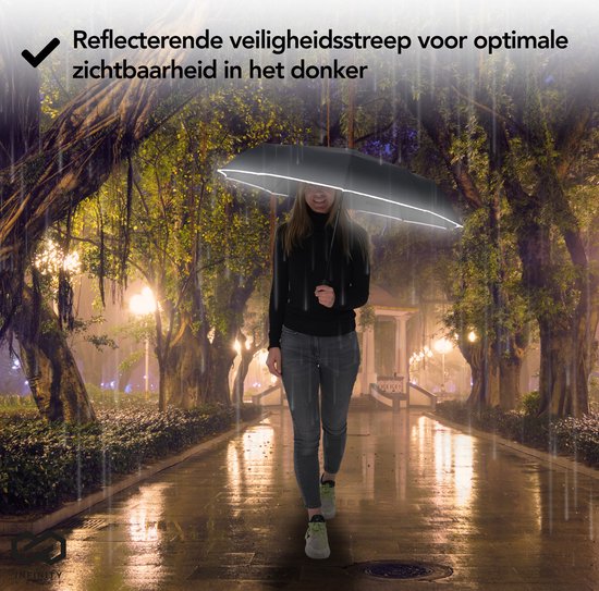 Infinity Goods Stormparaplu - Paraplu - 140 km/u - Reflecterend - Ø 107 cm - Automatisch Uitklapbaar - Beschermhoes - Zwart