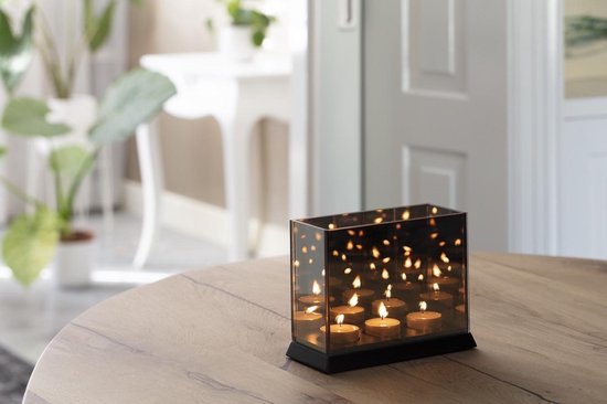 Liva Living - Porte-lumière d'ambiance Magic Cube - 3 bougies & 20 x 9 x 15 cm - avec miroir teinté et effet de réflexion infini - pour l'intérieur et l'extérieur - verre noir et Mdf