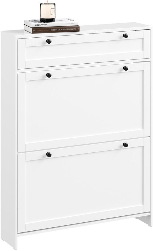 SoBuy - Meuble à chaussures avec 1 tiroir - 80 x 19 x 107 cm & avec 2 portes basculantes - équipé d'un système anti-basculement et de pieds en silicone - pour les couloirs et entrées étroits - Mdf blanc