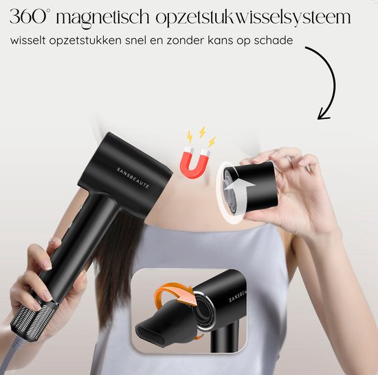 Sansbeauté® Sèche-cheveux avec diffuseur - Boucles - 110 000 tr/min - Sèche-cheveux ionique avec brosse - 3 niveaux - 3 accessoires - Sèche-cheveux de voyage - Coolshot - Sèche-cheveux avec diffuseur - Sèche-cheveux - 2000W - EssentiaPRO®.