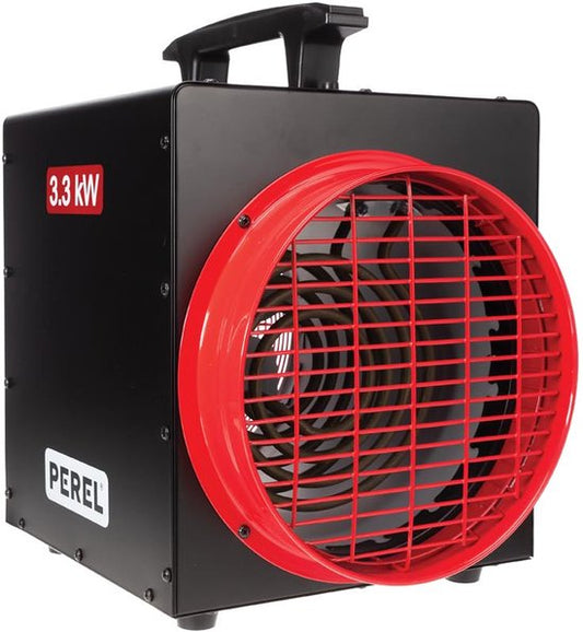 Perel Chauffage électrique à ventilateur 3300W avec thermostat et mode de refroidissement, protection contre la surchauffe IP24, chauffage portable compact pour l'atelier, le garage, la remise ou l'espace industriel