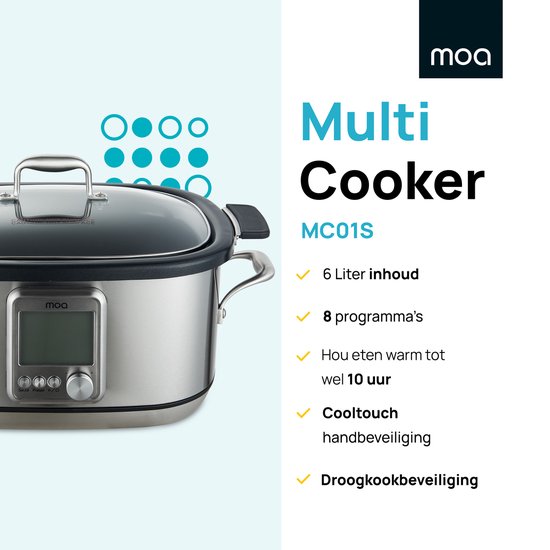 MOA Multicooker - Mijoteuse - 8 fonctions de cuisson - 6 litres - 1250W - Cuiseur de riz - Cuiseur vapeur - Cuiseur sous vide - Yaourtière - acier inoxydable - MC01S