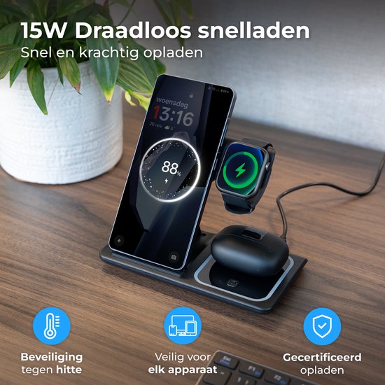 Nuvance Wireless Charger - 3 en 1 - 15W - Station de charge - Chargeur rapide - Chargeur sans fil - pour Smartphone, Smartwatch et écouteurs