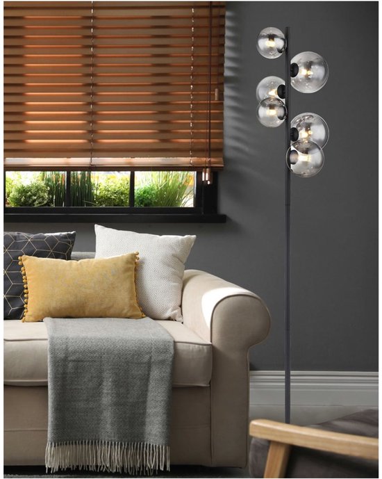 Lampadaire RIHA Glass 155.0cm Matt Black | Smoked G9 6-Light