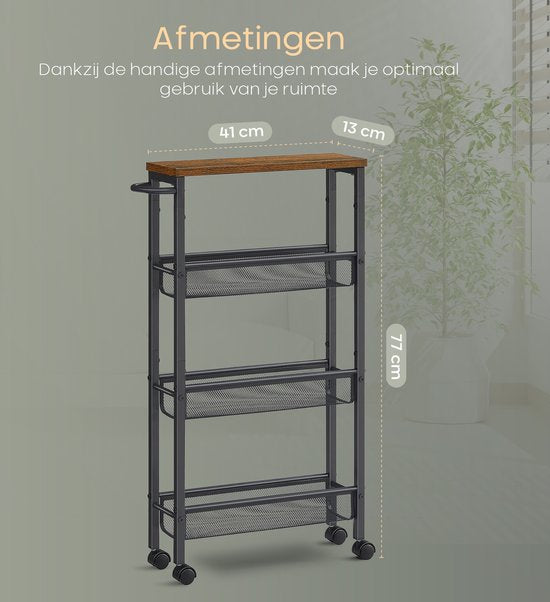 O'DADDY® Kitchen Trolley - Chariot à roulettes étroit - Ilot de cuisine - Chariot de service - Chariot de cuisine à roulettes - Chariot de cuisine - Design industriel - Bois brun - Métal noir