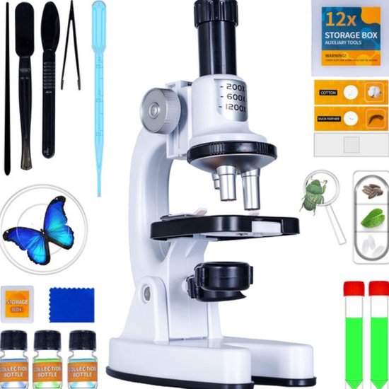 Silvergear Microscope pour enfants - Grossissement 200x à 1200x - Microscope pour enfants avec préparations et lumières LED - Jouet éducatif - Cadeau pour garçons et filles - 6, 7, 8, 9, 10, 11, 12, 13, 14, 15, 16+ ans - Blanc