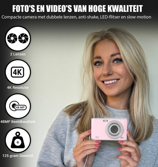 K&L Digital Camera 4K - Caméra fixe - Caméra photo - Caméra compacte - Caméra Vlog - Pour les enfants - Comprend 64 Go - NL Software - Rose