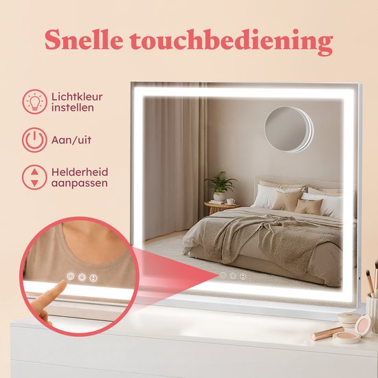 Fraay® Hollywood Mirror with Lighting 60x50cm - 3 Light Stages - Make-up Mirror with 10x Magnification Mirror - LED Strip Lighting Dimmable - Incl. 2 Beauty Blenders and Powder puff