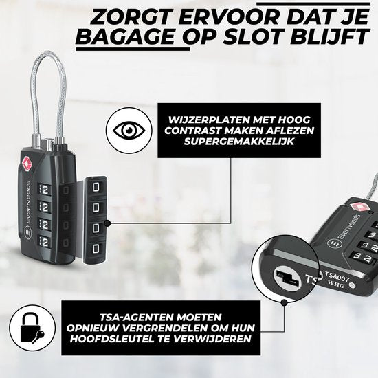 EverNeeds Serrure de valise - Serrure TSA - Cadenas à 4 chiffres - Serrure à chiffres - Noir - 2 pièces