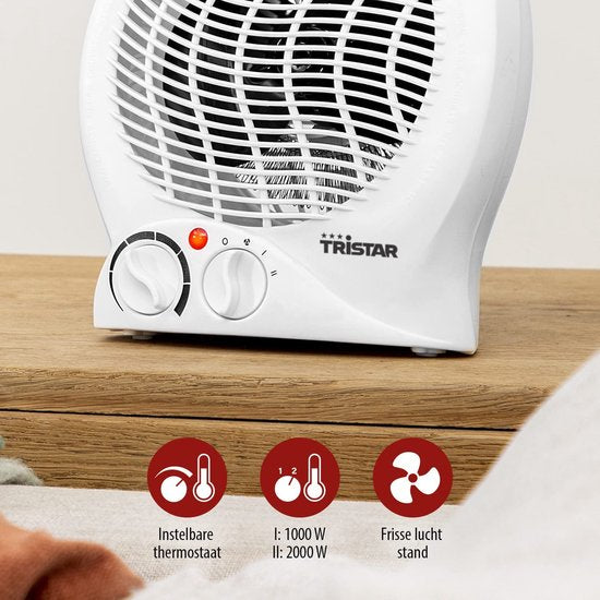 Réchaud électrique Tristar KA-5039 - 2 niveaux de chaleur - Réchaud compact à ventilateur - Réchaud de camping - Plage de chauffage jusqu'à 25 m² - 2000W - Blanc