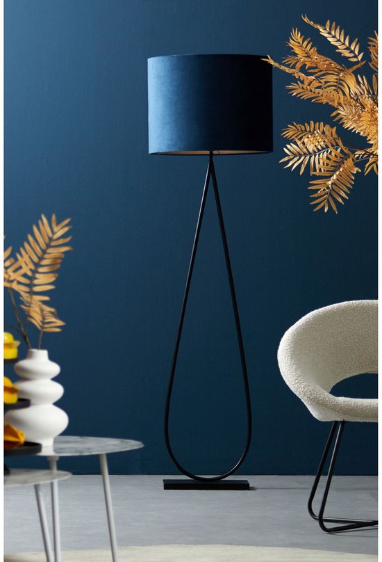 Light & Living Abat-jour cylindrique Velours - Bleu pétrole - Ø50x38cm - pour lampes à poser, lampadaires, suspensions