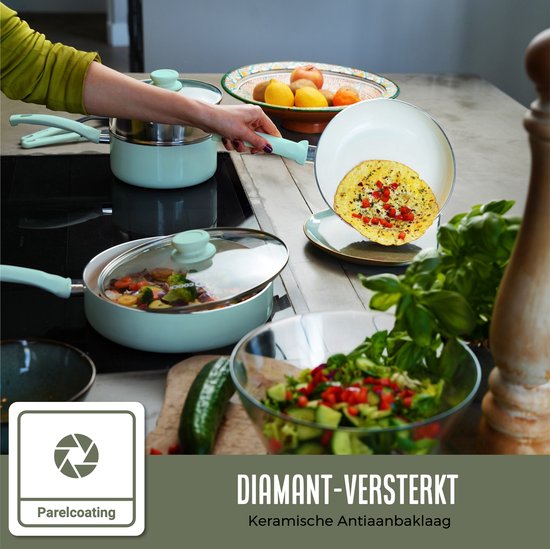 COOCK Batterie de cuisine à induction 19 pièces - Revêtement spécial antiadhésif - Poignées froides ergonomiques - Aluminium recyclé - Ensemble de poêles - Ensemble de casseroles - Turqoise (vert) - Sous-verres et livre électronique inclus