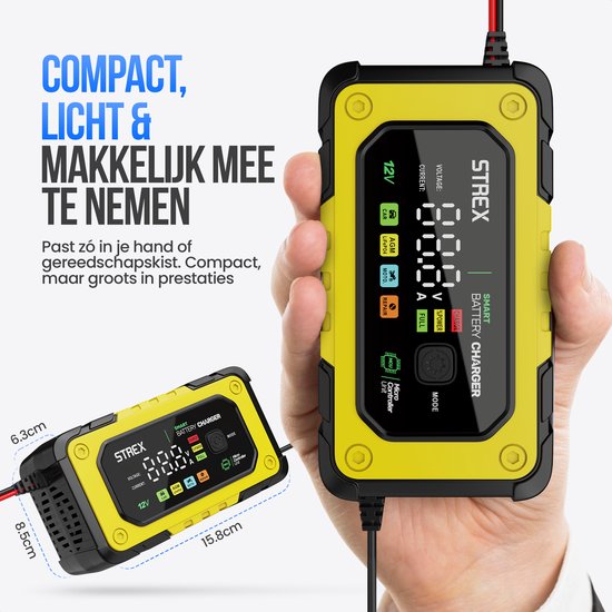 Chargeur de batterie Strex 12V 7A - Chargeur rapide et goutte à goutte avec écran LCD - Pour voiture, moto, bateau et batteries AGM/plomb - Mode réparation