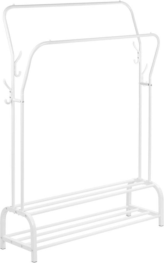 O'DADDY® Porte-vêtements en métal avec double porte-chaussures - porte-vêtements blanc - porte-vêtements - porte-vêtements double - tringle à vêtements - porte-armoire - Porte-vêtements double - 110 x 33 x (137-157) cm - jusqu'à 25 kg par tube