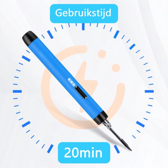Tech Essentials Fer à souder sans fil - 8W - USB-C - Avec étain - Kit - Soudure fine - Stylo - Batterie - Set de soudure - Souder - Outil électrique - Bleu
