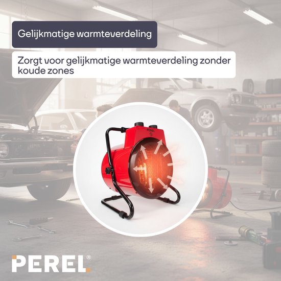 Perel Chauffage électrique à ventilateur 3000W, 2 niveaux de chaleur, thermostat et mode refroidissement, IP24, protection contre la surchauffe et l'inclinaison, chauffage portable compact pour l'atelier, le garage, la remise