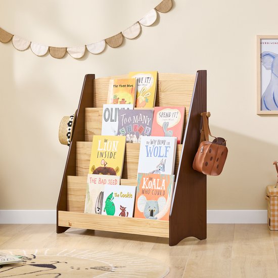 SoBuy KMB32-N Bibliothèque pour enfants, jouets, bibliothèque, 4 niveaux, avec 2 crochets, étagère à livres, meuble de rangement, chambre, bureau, salon, nature, 91 x 30 x 89 cm