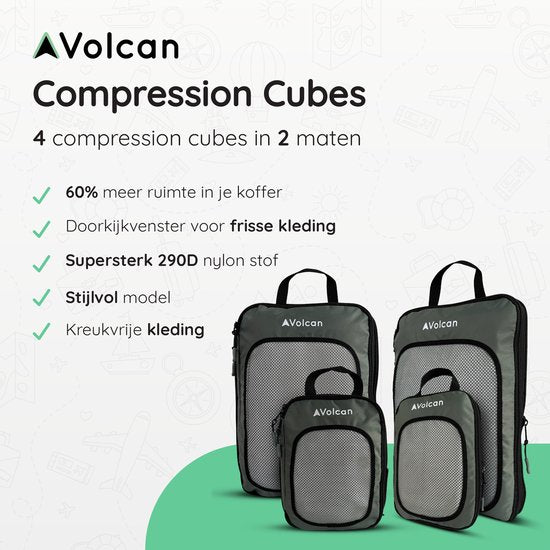 Cubes de compression Volcan - Organiseur de valise - Lot de 4 - Avec fermetures à glissière de compression - Pour sac à dos et valise - Vert botanique