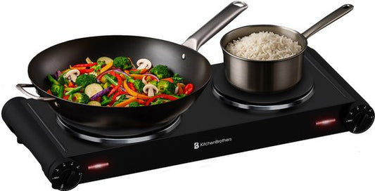 Table de cuisson électrique KitchenBrothers - 2 brûleurs - pose libre - 7 réglages de température - 1500W + 1000W - Noir