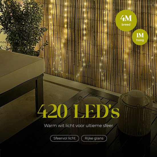 Giftmas Light Curtain - Rideau lumineux 420 LED - 4×1M - 8 fonctions avec télécommande - Blanc chaud - Pour décoration extérieure et balcon - Lumières de Noël