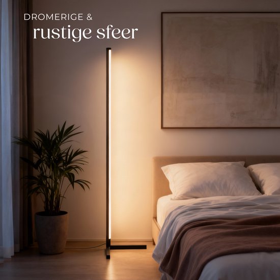 tectake® Smart LED Floor Lamp Spectra - Lampe d'angle avec 16 millions de couleurs - 200 effets lumineux - Lampadaire intelligent - 145 cm - Dimmable - Contrôlé par App, Télécommande, Bouton et Voix - Lampadaire de salon - Atmosphere Lighting